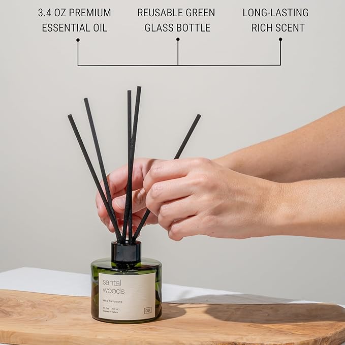 Craft & Kin Santal Woods Christmas Reed Diffuser | All Natural Essential Oil & Rattan Scent Sticks | Holiday Reed Diffusers for Home, Bathroom | Long Lasting Home Fragrance in Green Glass, 3.4oz CraftKin