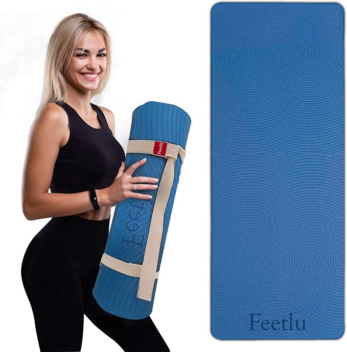 Extra Thick 12mm Exercise Mat – Non-Slip, Joint-Friendly & Cushioned Fitness Mat for Yoga, Pilates & Floor Workouts – Durable, Supportive & Includes Feetlu Classic Strap