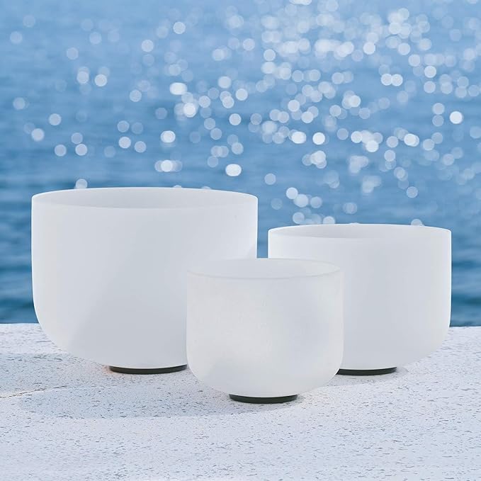 440HZ Sound Healing 8''-12'' Set of 3 Crystal Singing Bowls, Frosted Chakra Quartz Crystal Sound Bowl 8'' A 10'' C 12'' F - Bloomnest