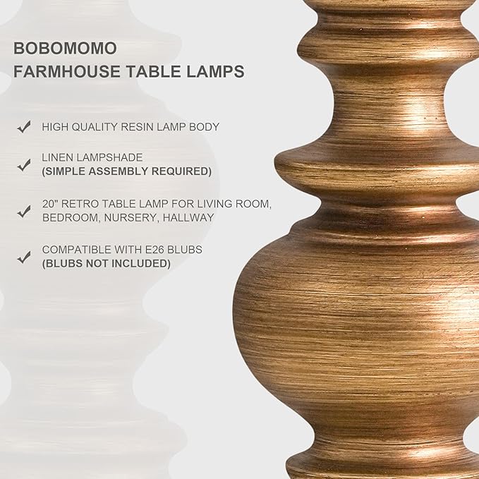 BOBOMOMO 20" Antique Gold Table Lamps Set of 2 – Handcrafted Vintage Bedside Lamps with Linen Shades, Elegant Farmhouse Lamps for Bedroom, Living Room, or Entryway – Perfect for Compact Spaces - Bloomnest