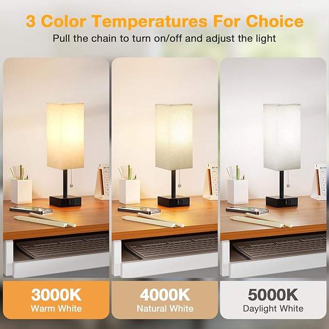 Small Linen Bedroom Lamp - 3 Color Temperature 3000K 5000K 4000K Bedside Lamp, Pull Chain Control, USB A and C Charging Ports, Black Base, for Kids Office Dorm, Bulb Included - Bloomnest