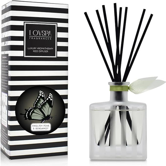 LOVSPA Reed Diffuser Set, English Pear & Bergamot Scented Oil Diffuser with Sticks, Home Fragrance Accessories for Bathroom Shelf Decor, Aroma Diffusers for Home or Office Desk, USA Made