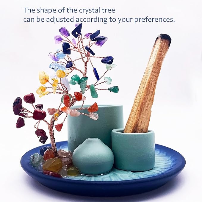 5 in 1 Incense Burner Holder with Crystal Tree for Burning Palo Santo Stick, Sage, Incense Sticks, Candle, Ceramic Tray Ash Catcher, Meditation Gift (Sky-Blue) - Bloomnest