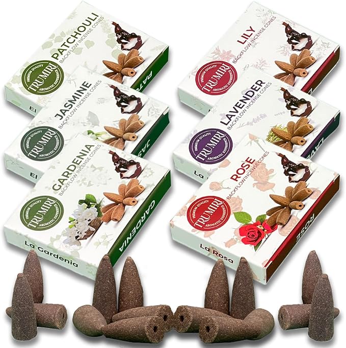 Floral - Backflow Incense Cones for Waterfall - Scented Inscents-Cones - Lavender, Jasmine, Rose, Patchouli, Lily, Gardenia - Insiensos Aromaticos - 6x10=60 Large Variety Pack