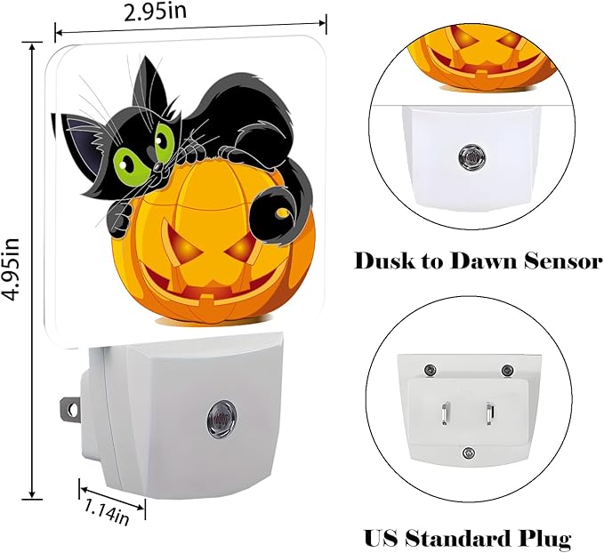 Black Cat Lying On Pumpkin Night Light,Plug Into Wall Decor for Stairway,Hallway,Kitchen,Dusk to Dawn Sensor Nightlights for Boys/Girls/Women/Men Room Gifts - Bloomnest