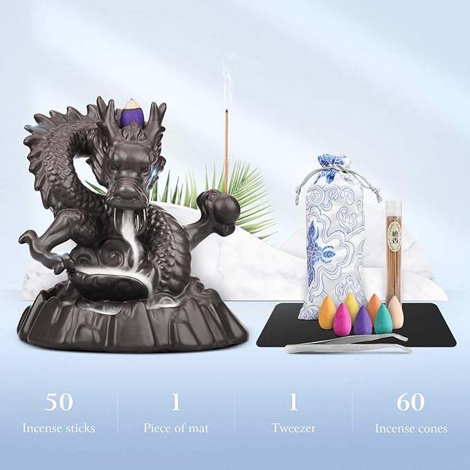 Ceramic Dragon Backflow Incense Holder Waterfall Incense Burner, Smoke Incense Holder, with 70 Backflow Incense Cones + 50 Incense Stick, 1 Mat, 1 Tweezers Home Decor (Brown-Dragon) - Bloomnest
