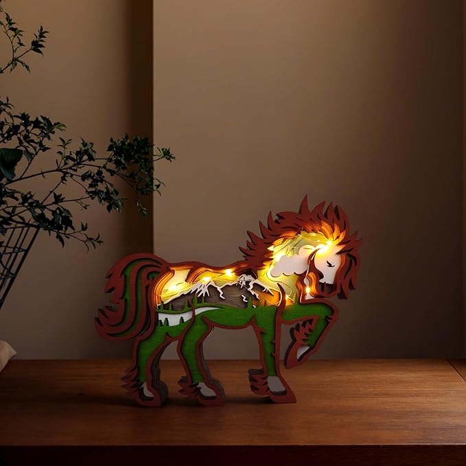 Drawelry 3D Wood Carving Animals Lamp Home Decorative, Cute Bear Family Elephant Presents Ideas Christmas Living Room Office Decor Warm LED Night Lights Gift for Friend Daughter Son Mom Dad (Horse) - Bloomnest
