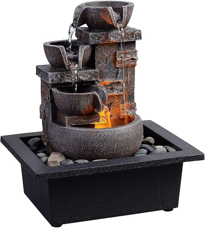 Kalona Décor Desktop Fountain - 10" 4-Tier Design with Imitation Stone, Indoor Waterfall Tabletop River Rocks & Resin Material for Serene Meditation & Relaxation - Ideal for Home & Office Decor - Bloomnest