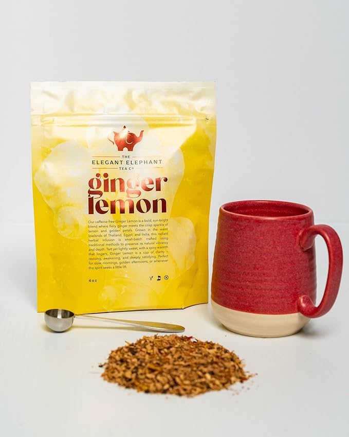 Ginger Lemon Tea, Loose Leaf Herbal Tea – Helps Reduce Nausea and Motion Sickness – Detox & Immunity Support – Drink Hot or Iced – 4 oz Resealable Bag (Makes 50 Cups) – The Elegant Elephant - Bloomnest