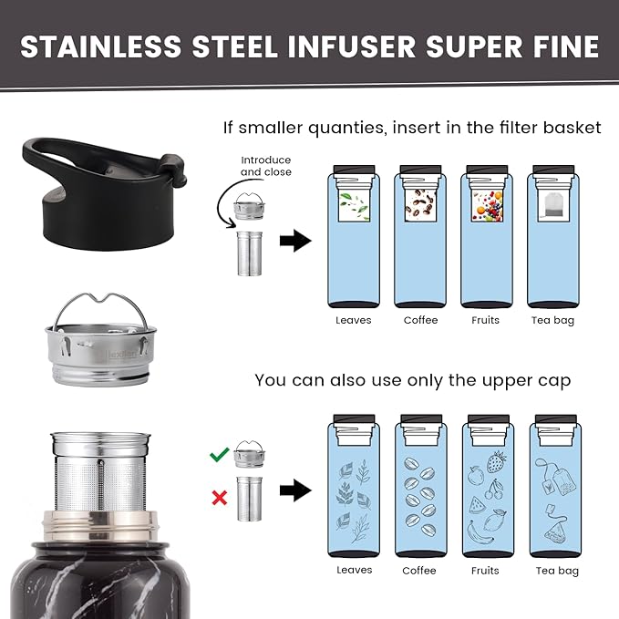 Lexlion Tea Infuser Water Bottle 22 Oz – Triple Wall Insulated Stainless Steel, Loose Leaf & Fruit Strainer, 3 Leakproof Lids, BPA-Free Silicone Sleeve, Reusable Thermal Mug - Bloomnest