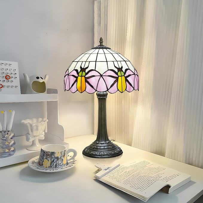 Tiffany Lamp Yellow Beetle Pink Stained Glass Table Lamp Vintage Bedroom Desk Light for Home Dorm Office Art Craft Antique Decor Accent Aesthetic Nightstand Reading Light - Bloomnest
