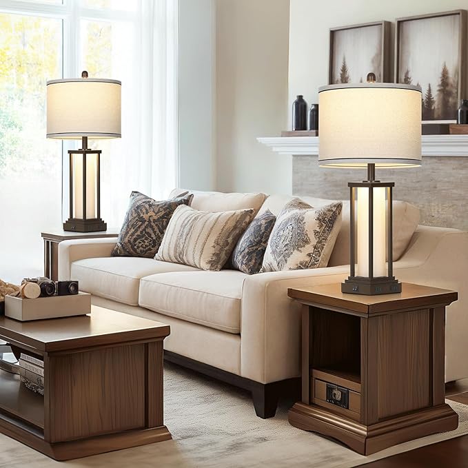 27" Tall Vintage Table Lamps with USB C+A & Outlet,Brown End Table Lamp Set of 2 for Living Room,Rustic Bedside Lamps with Frosted Glass Night Light for Bedroom Nightstand,Oil-Rubbed Bronze - Bloomnest
