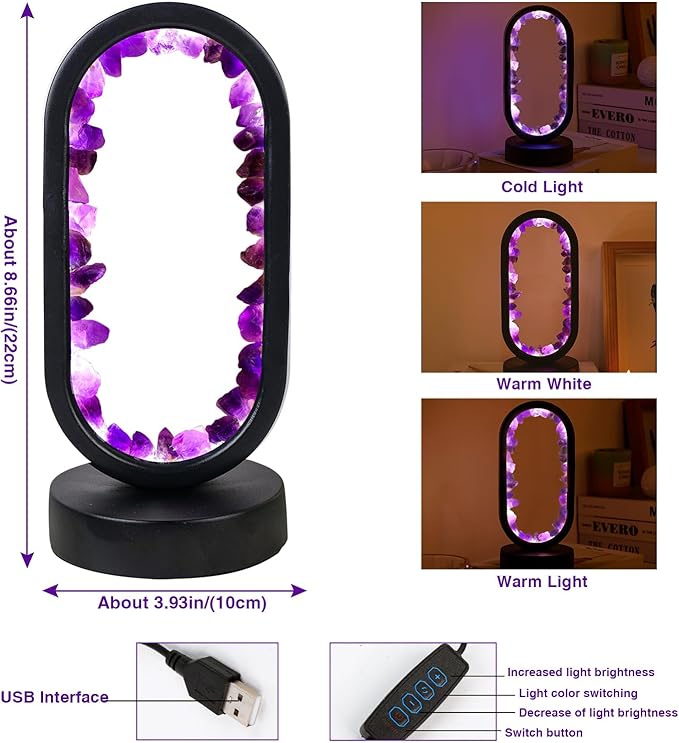 Runyangshi Crystal Lamp Amethyst Raw Stone Ellipse Night Lamp Natural Healing Crystal Night Light Table Lamp Base USB Port 3 Colours Mode for Bedroom Bedside Lamp Office Home Decor Gift - Bloomnest