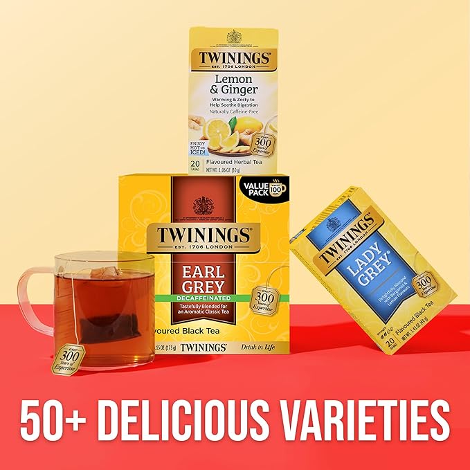 Twinings Decaffeinated Earl Grey Black Tea Individually Wrapped Bags, 100 Count (Pack of 1), Flavoured with Citrus and Bergamot, Enjoy Hot or Iced, 100 Teabags