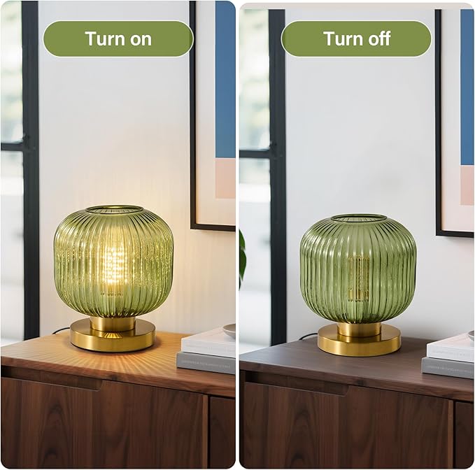 Small Green Glass Table Lamp: Mid Century Modern Dimmable Nightstand Lamps - Vintage Decor Brass Desk Lamp with Plug - Ribbed Glass Bedside Tables Lamps for Bedroom Living Room Office Bulb Excluded - Bloomnest