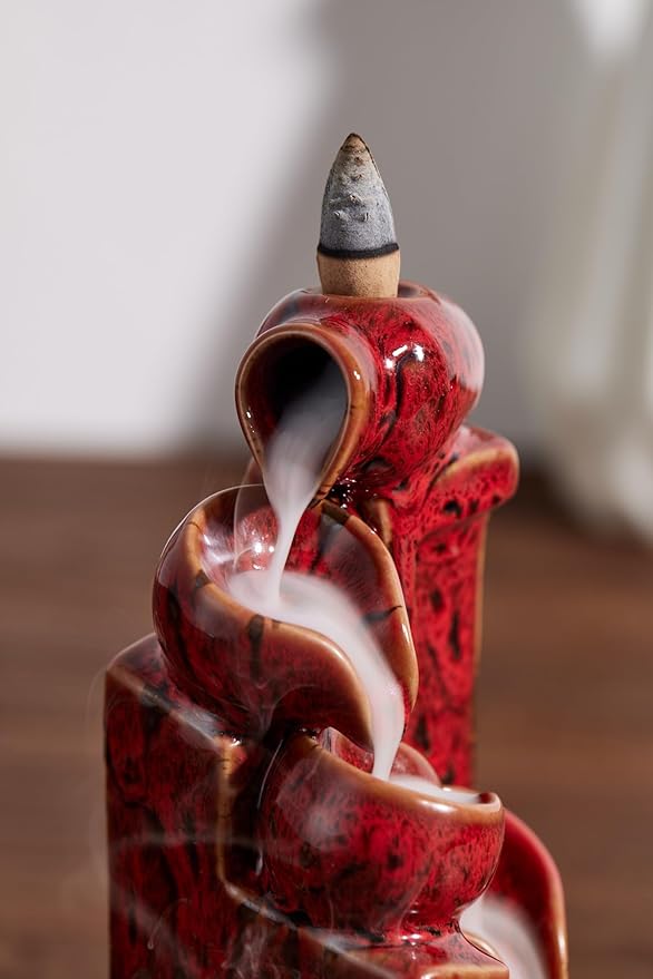 Unique Cascading Basins Ceramic Waterfall Incense Holder, Paired with a Pack of Backflow Incense Cones. (Fambe Red) - Bloomnest