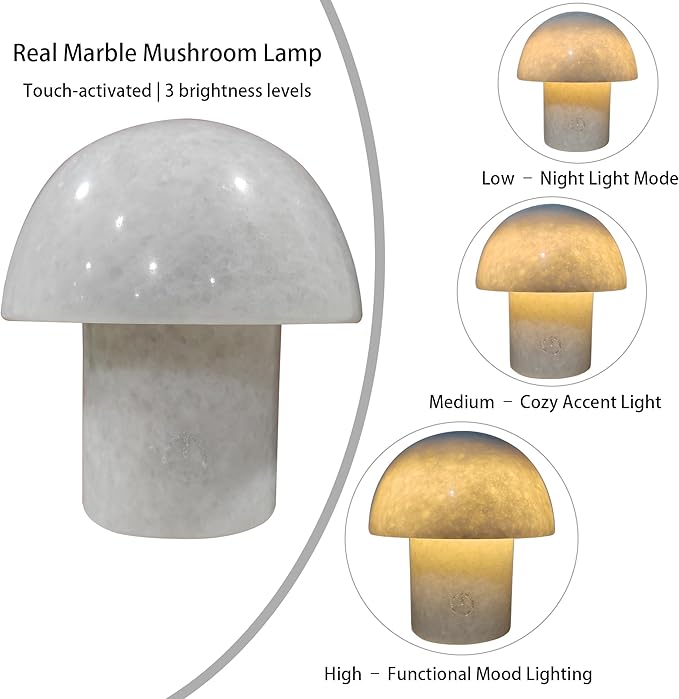 Rechargeable Mushroom Night Light - Dimmable Natural Marble Stone Table Lamp, LED Touch Light for Bedside, Meditation, Entryway, Gift Idea - Bloomnest