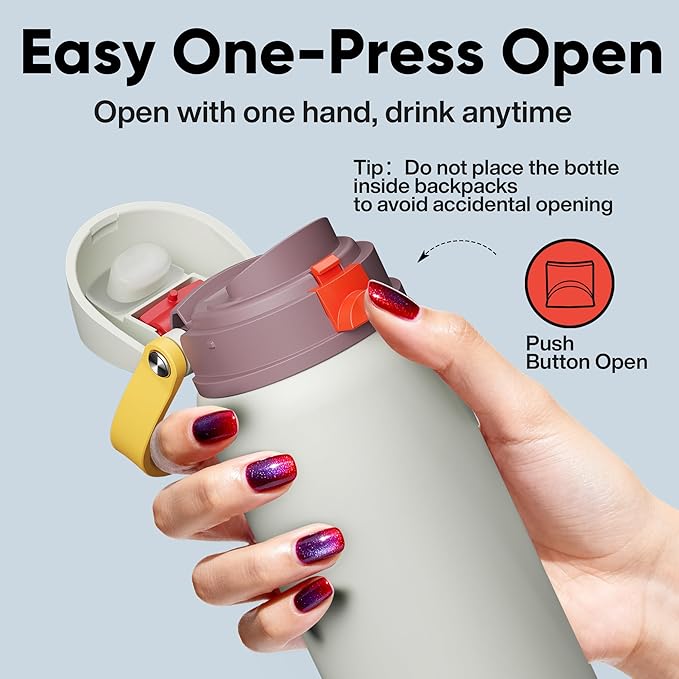 Insulated Water Bottle with Straw - Encool Stainless Steel Water Bottle with Push Button Lid, Leak-Proof & BPA-Free, Keeps Cold for 24 Hours for Sports, Travel, Gym (32 oz, Quill Grey-Red) ENCOOL