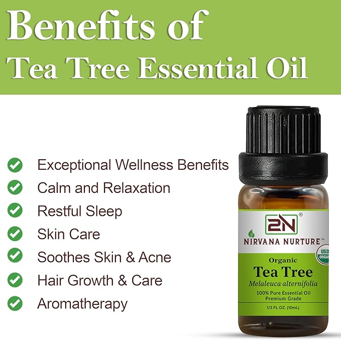 Tea Tree Essential Oil, USDA Certified Organic, 100% Pure Undiluted, Aromatherapy Oil for Diffuser, Hair & Skin Care NirvanaNurture