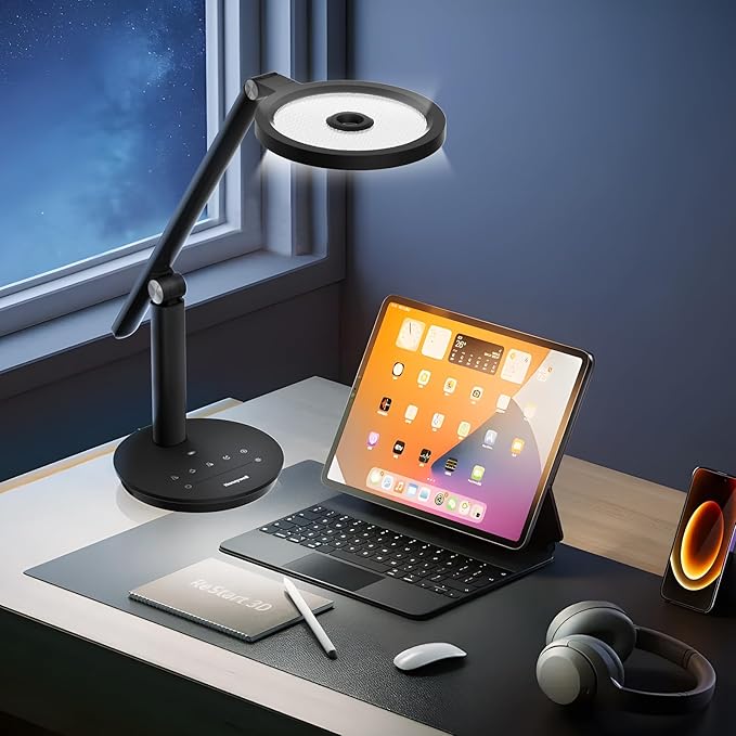 Honeywell Desk Lamp for Home Office, H6 Sunturalux™ Eye-Caring Led Desk Light, 800LM Dimmable Desk Lamp with Timer, Touch Control Tall Desk Reading Light, Table Lamp for Circle Webcam, Study, Bedroom - Bloomnest