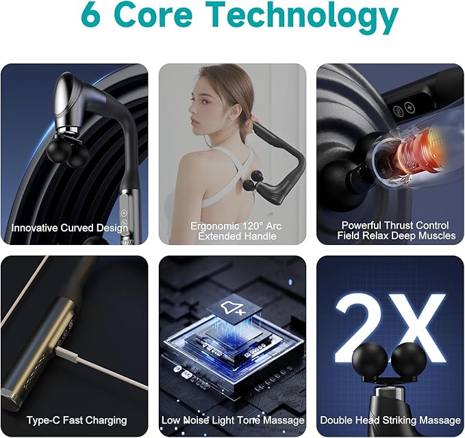 Double-Headed Elbow Massage Gun, Percussion Muscle Massager, Suitable For Sore Muscles In The Back, Shoulders, Waist And Legs, Detachable Extended Handle, 12-Speed Adjustable, 5 Heads Are Replaceable - Bloomnest