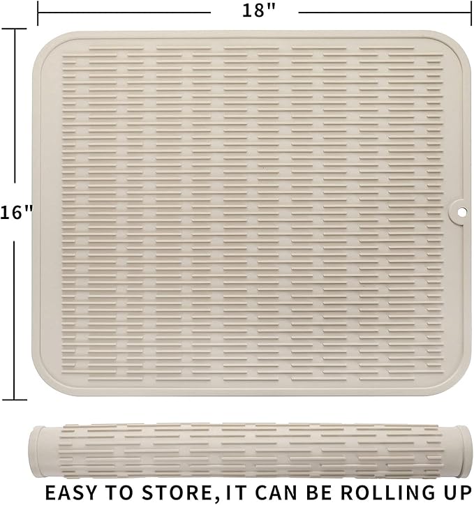 Silicone Dish Drying Mat for Multiple Usage,Easy clean,Eco-friendly,Heat-resistant Silicone Mat for Kitchen Counter or Sink,Refrigerator or Drawer Liner Tapioca XL 18 inches x 16 inches - Bloomnest