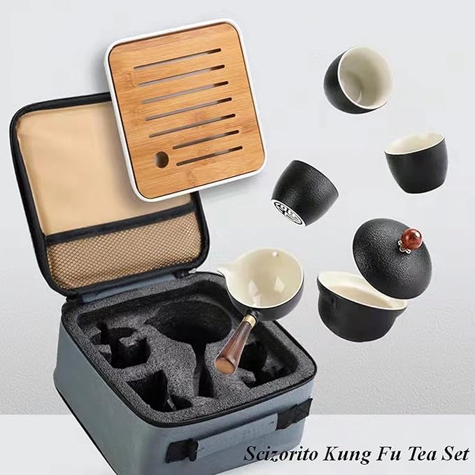 Ceramic Portable Travel Tea Set, Chinese Kungfu Tea Set with 360 Rotation Teapot and Infuser, 4 Tea Cups, Tea Tray And Travel Bag (Pure White)