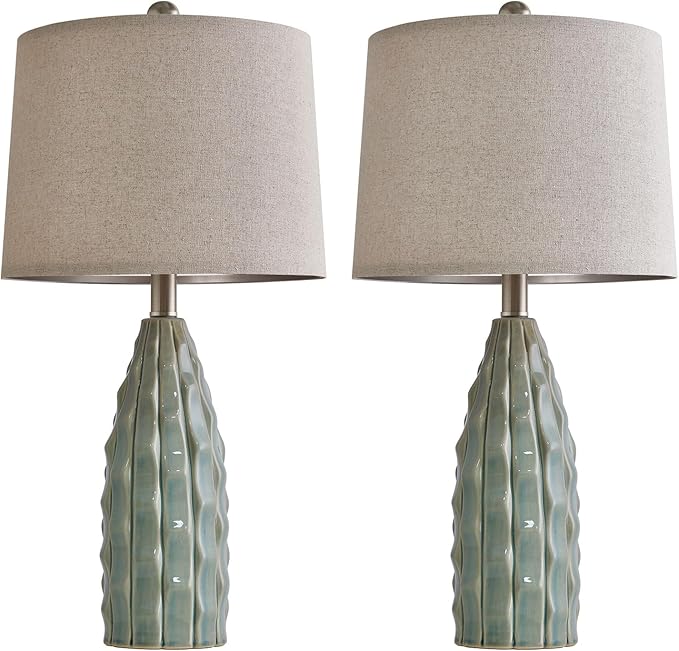 Ceramic Table Lamps Set of 2, 23.75" Modern Farmhouse Bedside Lamp - Green Nightstand Lamps for Bedroom, Boho Living Room End Tables, Small Office Desk Lamp Decor - Bloomnest