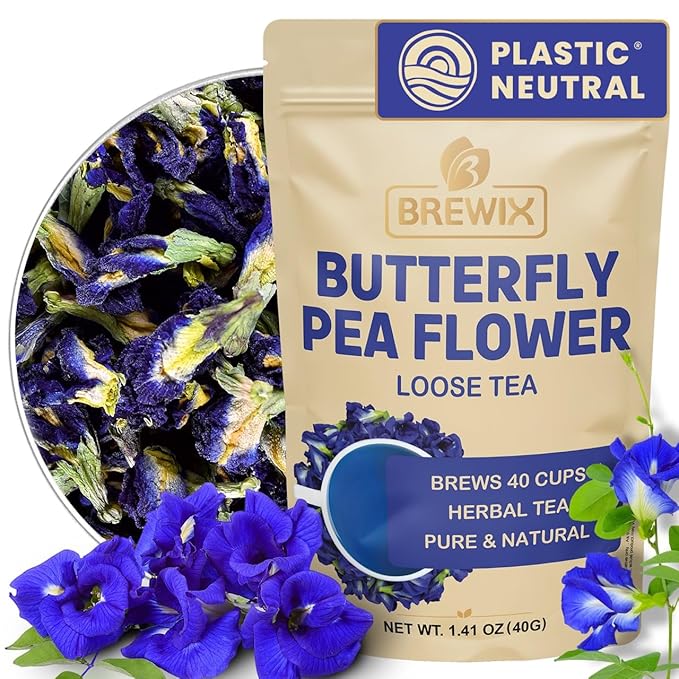 BREWIX, Butterfly Pea Flower Herbal Tea Loose Leaf (40+ Cups,1.41oz/40g) | Caffeine Free | Premium Dried Butterfly Pea Flowers For Blue & Purple Drinks, Food Coloring - Bloomnest