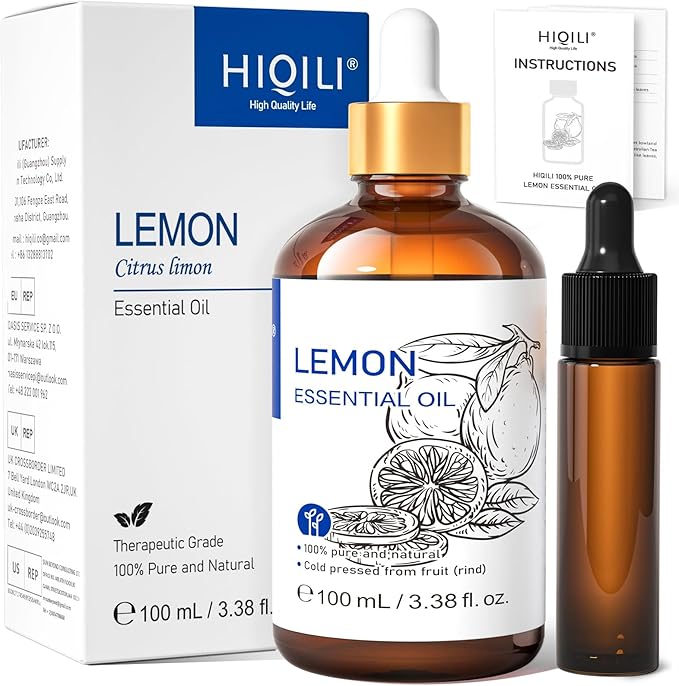 HIQILI Lemon Essential Oil, Household Cleaning, Air Purification, Skin Care, Can be Added to Cleansers, Sprays, Body Lotions Use - 3.38 Fl Oz/100ML - Bloomnest