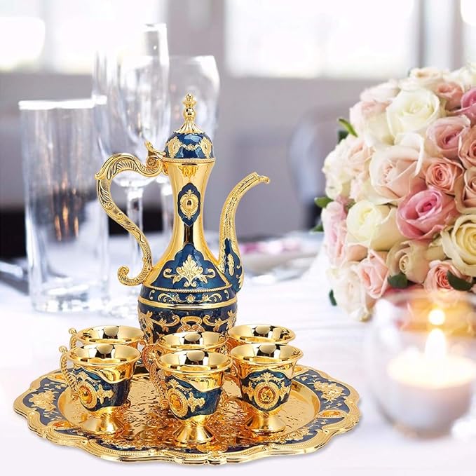 Alvinlite Small Vintage Turkish Coffee Pot Set, Turkish Tea Set with 6 Coffee Cups, Golden Wine Decanter and Glasses Set, Turkish Copper Coffee Cup Set for Home Tea Party 40ml/Cup(Blue) - Bloomnest