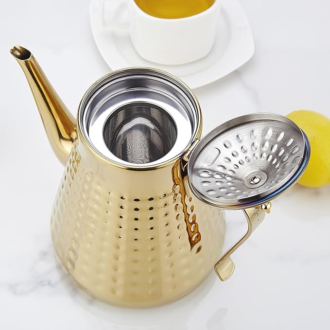SANQIAHOME 1.8L(60oz) Stainless Steel Hammer Patterned Teapot With Removeable Infuser,Loose leaf cover,Gold - Bloomnest