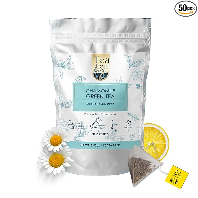 Tea Leaf & Co. Chamomile Green Tea Bags (50 Count), Lemon Extract & Lemongrass Green Tea, Caffeinated, Real & Natural, Blended with Fresh Herbs & Spices, Gluten Free - Bloomnest