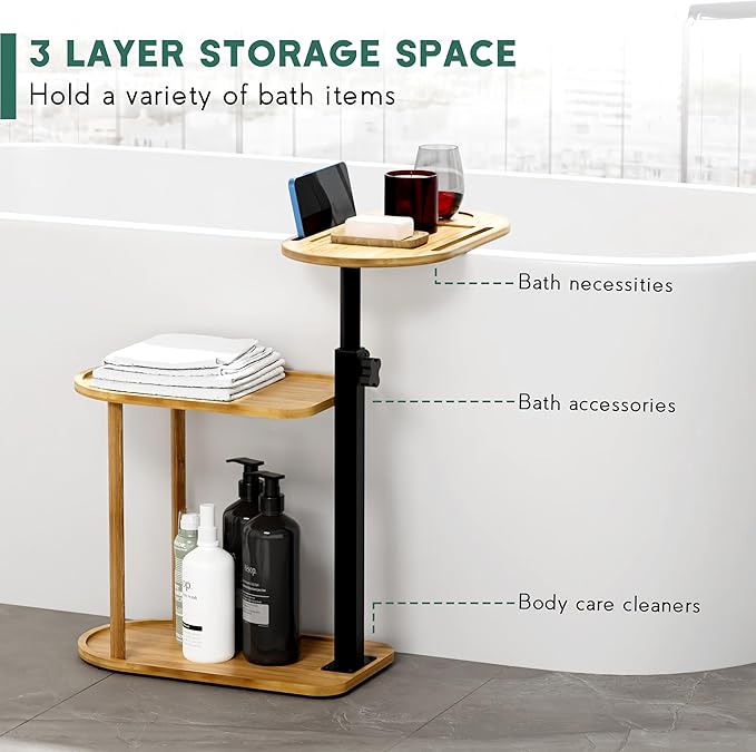3 Layer Bath Tub Tray Table, Freestanding Bamboo Bath Tray Caddy for Tub Against Wall, Bath Table Tray Tub Shelf Bathroom Organizer Shelf for Luxury Spa and House Warming New Home - Bloomnest