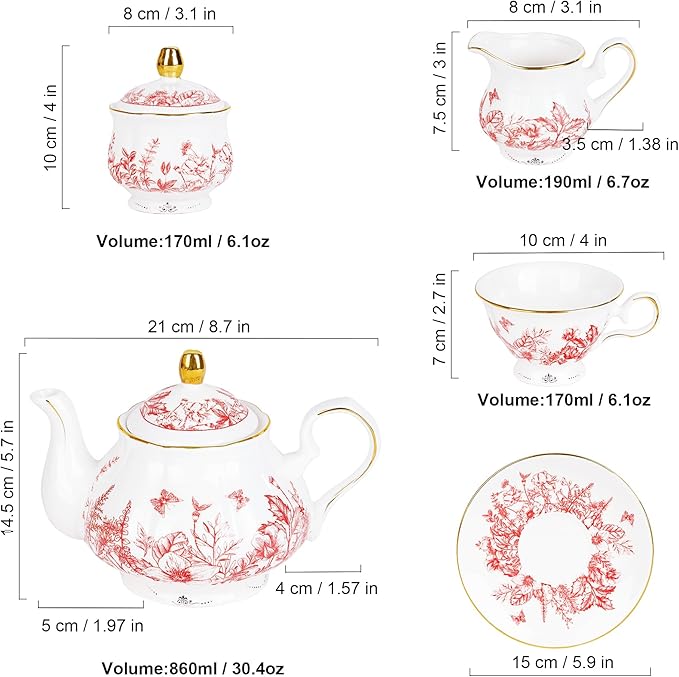 fanquare Vintage Porcelain Tea Set with Holder, 22 Piece Red Floral New Bone China Tea Coffee Gift Sets for Wedding Birthday, 6 Tea Cup and Saucers for Women Tea Party - Bloomnest