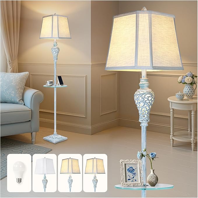 Vintage Floor Lamp with Night Light and Glass Tray, 65" High Retro Standing Lamp with Washed Blue Finish and White Linen Shade, Farmhouse Tall Lamp Decor for Living Room Bedroom House (Bulb Included) - Bloomnest