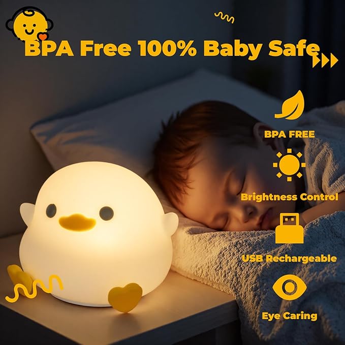 LED Squishy Animal Night Light - 2 Level Dimmable Nursery Lamp for Kids, Rechargeable Touch Lamp, Cute Dorm Decor - Perfect Baby Boys Girls Gift (Pea Duck) - Bloomnest
