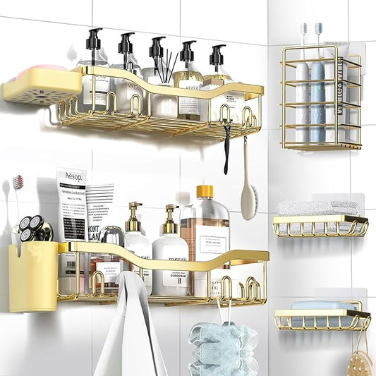 Shower Caddy Adhesive Shower Organizer 7-Pack, Rustproof Stainless Steel Bathroom Shelves, Large Capacity No-Drill Rack Storage Accessories with Soap Dish Toothbrush Holder Hooks - Bloomnest