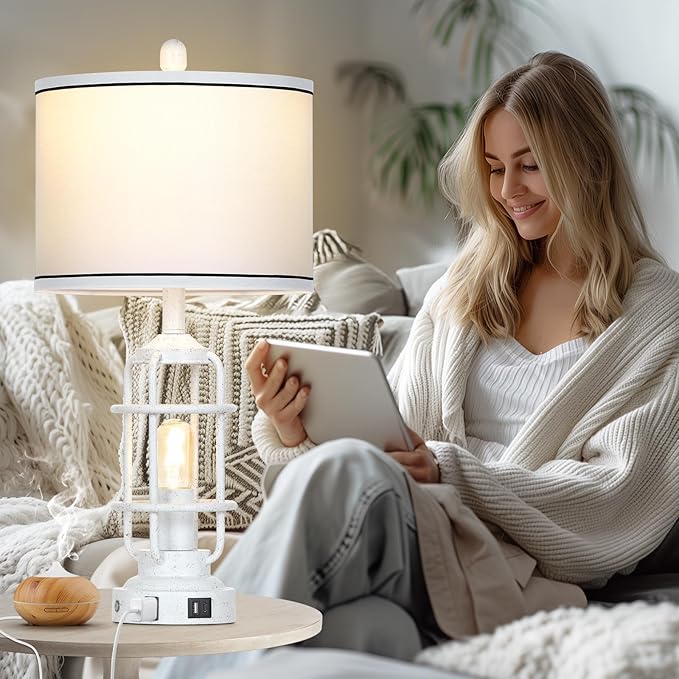 Farmhouse Industrial Lamps with USB A+C Charging Ports & AC Outlet, 3 Way Dimmable Touch Control Vintage Rustic Table lamps for Living Room, White Retro Beside Nightstand Metal Modern Lamp for Bedroom - Bloomnest
