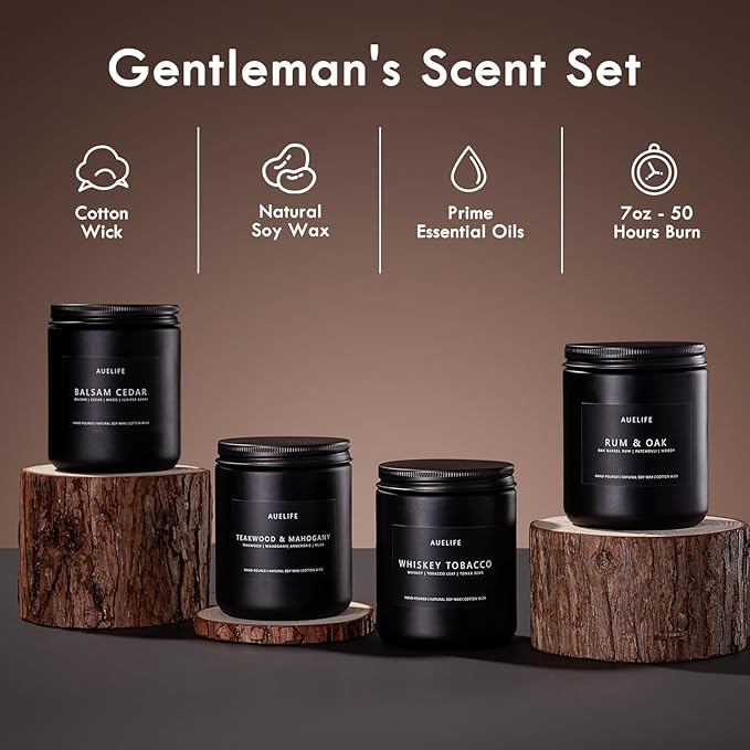 Winter Candle Gift Set for Men – 4 Pack Soy Candles with Balsam Cedar, Teak & Mahogany, Whiskey Tobacco, Rum & Oak – Masculine Scented Candles for Home, Christmas Gift Set for Dad Fathers Day - Bloomnest