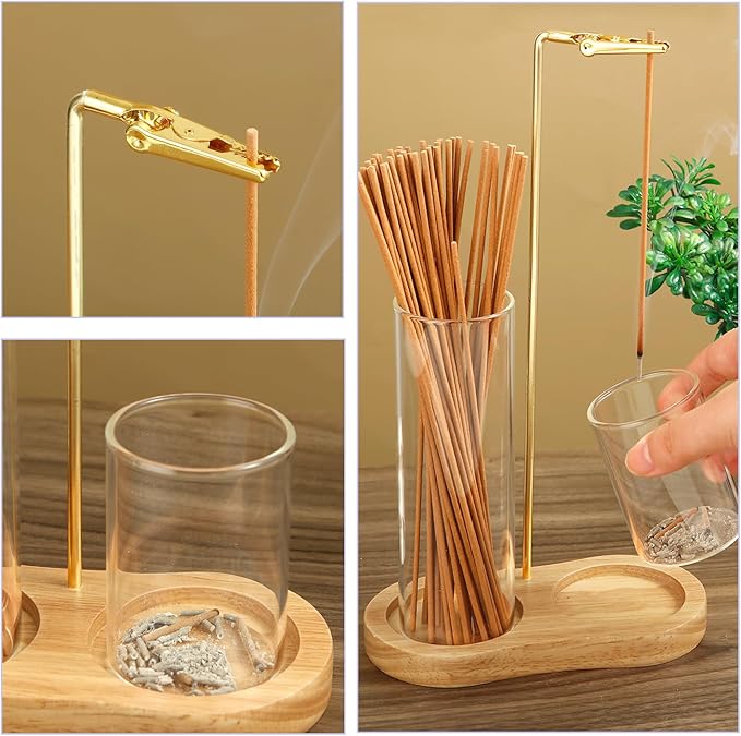 2 in 1 Incense Holder for Sticks, Anti-Ash Flying Incense Burne with Glass Ash Catcher and Incense Sticks Organizer for Meditation Yoga Spa Home Decor (Light Base) - Bloomnest