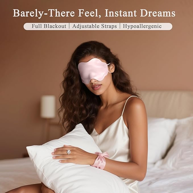 Pink Mulberry Silk Sleep Eye Mask for Men Women, Cloud-Shaped Lightweight Adjustable Hanging-Ear Design (8 Inches), Total Blackout Ready-to-Gift Set for Travel Nap by Timeless Artworks