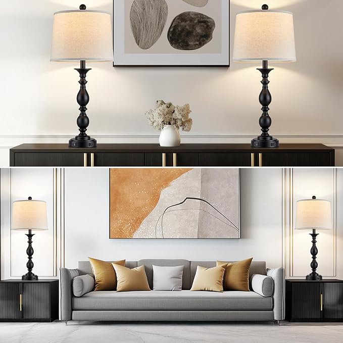 28" Tall Modern Table Lamps Set of 2 with USB C+A Ports and AC Outlet, 3 Way Touch Metal Bedside Lamps for Living Room, Black Farmhouse Nightstand Lamps for Bedroom - Bloomnest