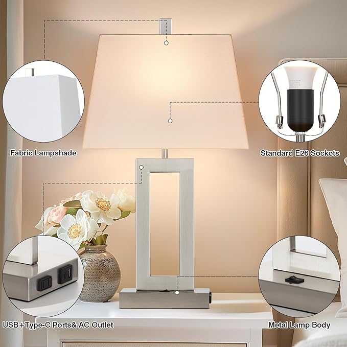 Table Lamp Set of 2 with USB C+A Ports & AC Outlet, Bedside Lamps, Modern Bedroom Lamps, Silver Lamps for Night Stands Bedroom Living Room,Nightstand Lamp - Bloomnest