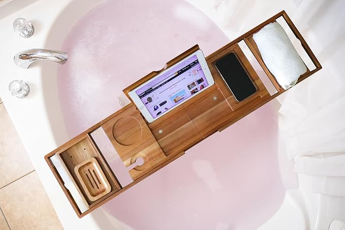 XcE Foldable Acacia Wood Bathtub Caddy Tray - Expandable to 40 Inches with Non-Slip Pads for Couples Luxury Bath - Bloomnest