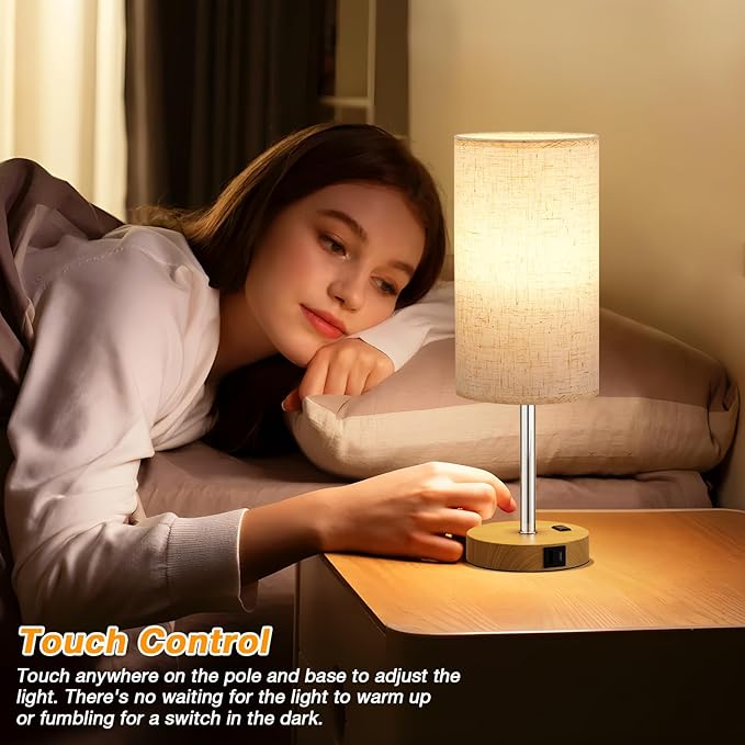 Dicoool Touch Bedside Table Lamp with USB - 3 Way Dimmable Wood Lamp for Bedroom Nightstand, Desk Lamp with Charging Station for Dorm, Office, Kids Room, Living Room - Bloomnest