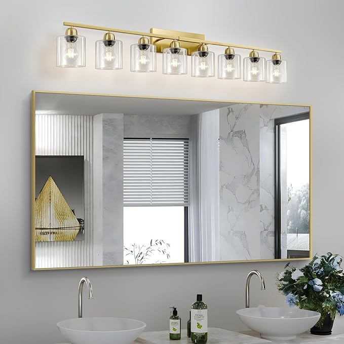 Modern Brushed Gold 8 Light Bathroom Light Fixtures, 52 inch Vanity Lights for Bathroom with Clear Glass for Mirror Kitchen Living Room Hallway Cabinet Porch - Bloomnest