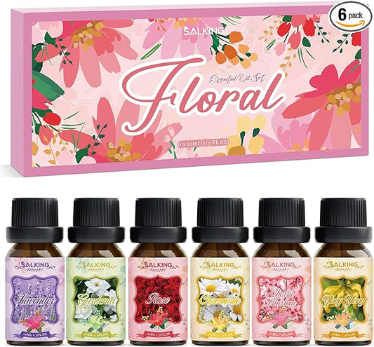 SALKING Floral Essential Oils Set, Premium Pure and Natural Essential Oils, Fragrance Oil Scented Oils for Oil Diffusers 6 x 10 ML - Lavender, Rose, Cherry Blossom, Ylang Ylang, Gardenia, Chamomile - Bloomnest