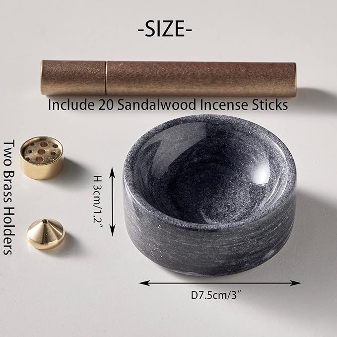 100% Marble Incense Holder Set, Stick Burner, Cone Ash Catcher Bowl, Japanese Incense Stand with Sandalwood Sticks and 2 Brass Burners, Mini-3”, Zen,Gray - Bloomnest
