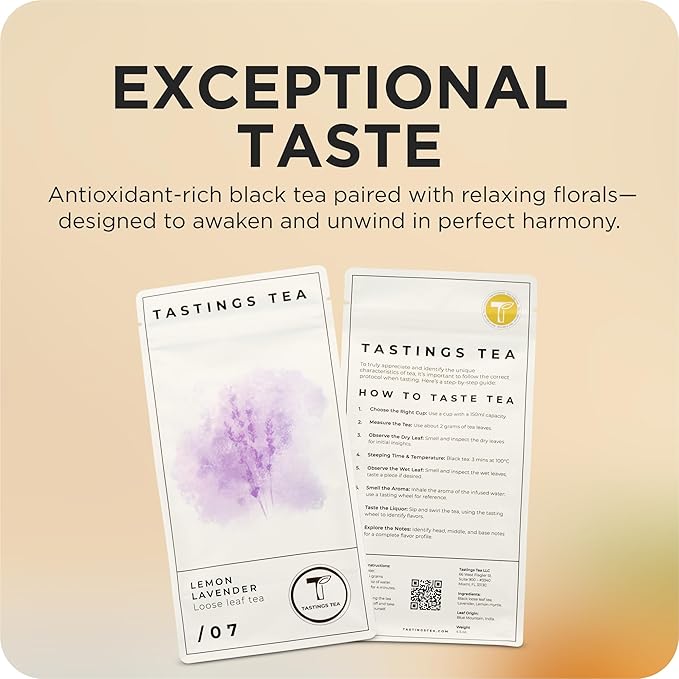 Tastings Tea Lemon Lavender Loose Leaf, 4.5 oz | Black Citrus Blend & Fruit Infusion | Medium Caffeine | Natural Antioxidants for Wellness | Small Batch & Sustainably Sourced | Resealable Pouch - Bloomnest